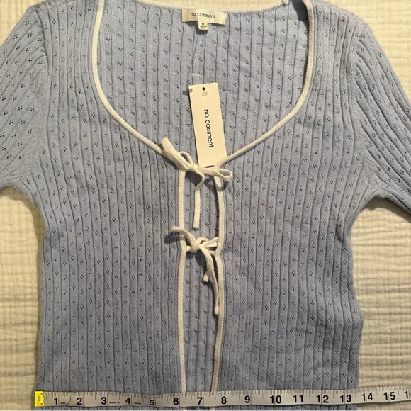 NWT No Comment Baby Blue Babydoll Cropped Tie Front Eyelet Cardigan Size Medium - Picture 7 of 7